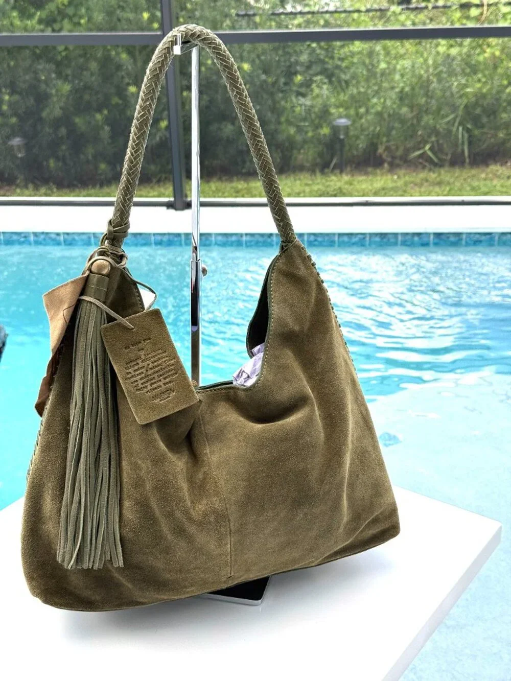 Vilenca Holland Suede Slouchy Hobo Shoulder Bag Green Boho Whipstitch Tassel NWT